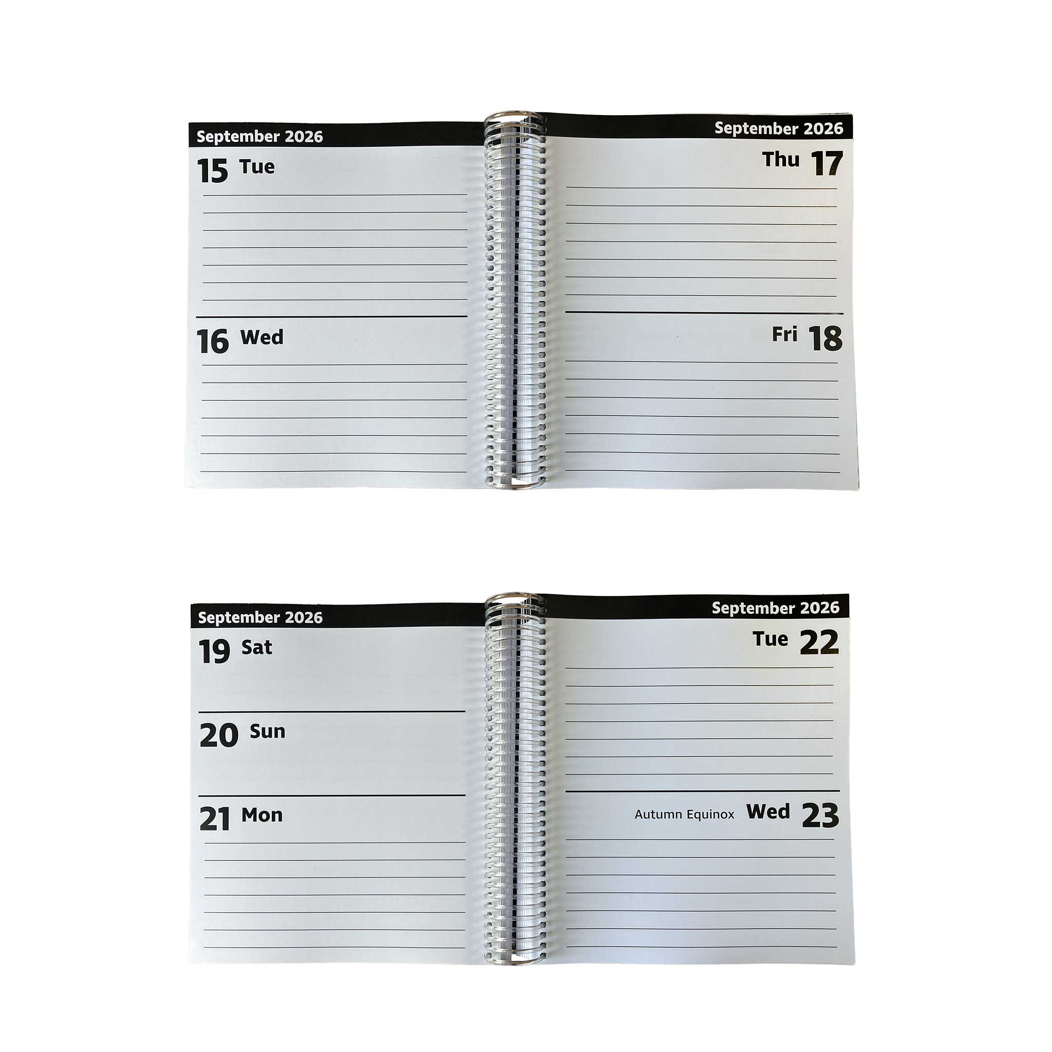 Two open spiral-bound planners showing a weekly layout with dates and days of the week.