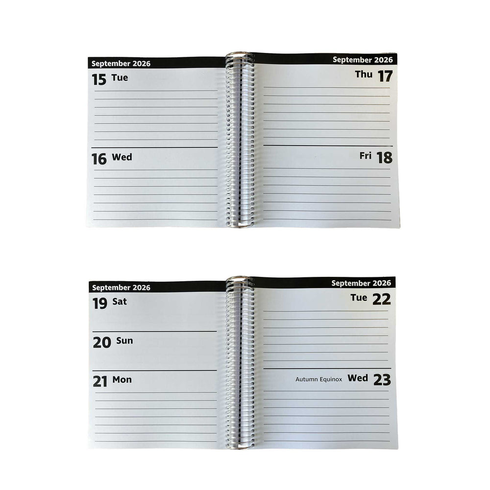 Two open spiral-bound planners showing a weekly layout with dates and days of the week.