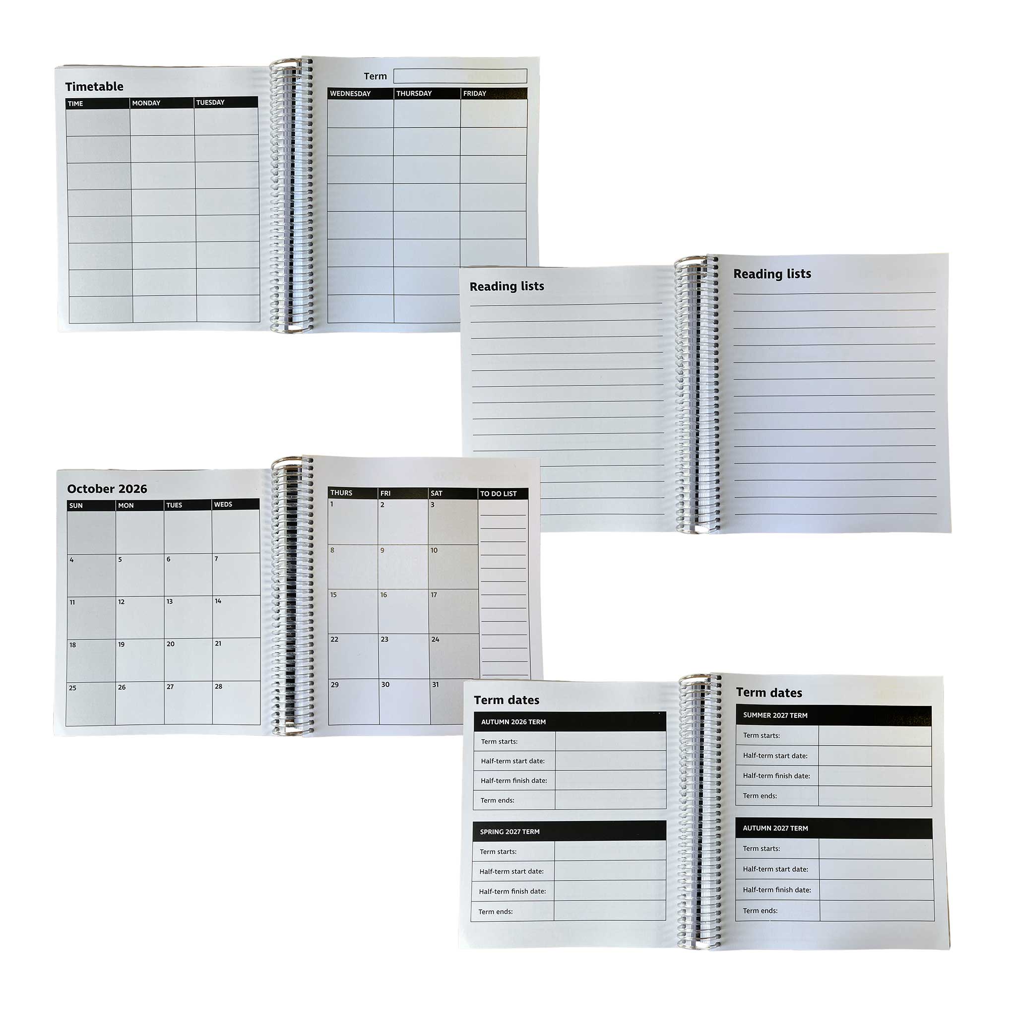 Collection of spiral-bound planners with various pages including a timetable, reading lists, and term dates.