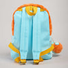 A light blue backpack with bright yellow straps and trim, featuring an orange faux-fur trim along the top and sides, shown from the back on a neutral light gray background.