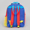 The back view of a colorful children's backpack featuring a royal blue body, red shoulder straps, bright blue top handles, yellow accents, and a yellow mesh side pocket, with 'PATROL PAW PACK' printed on the top handle.