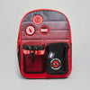 A Marvel Spider-Man themed school backpack featuring a red and black gradient body, three circular character patches on the front, a red mesh side pocket with a 'SPIDER-MAN' strap, and a black front pocket with a Spider-Man emblem.