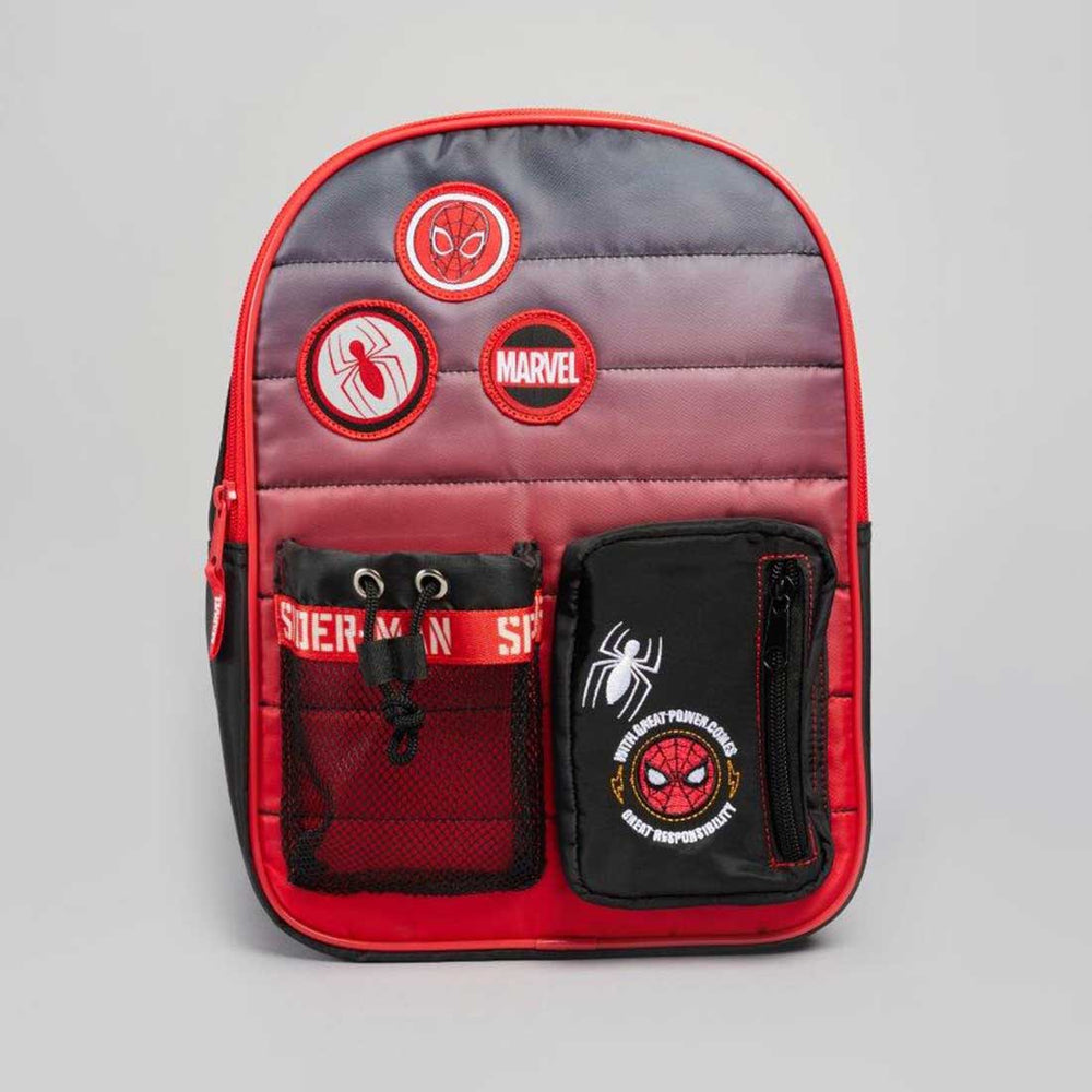 A Marvel Spider-Man themed school backpack featuring a red and black gradient body, three circular character patches on the front, a red mesh side pocket with a 'SPIDER-MAN' strap, and a black front pocket with a Spider-Man emblem.