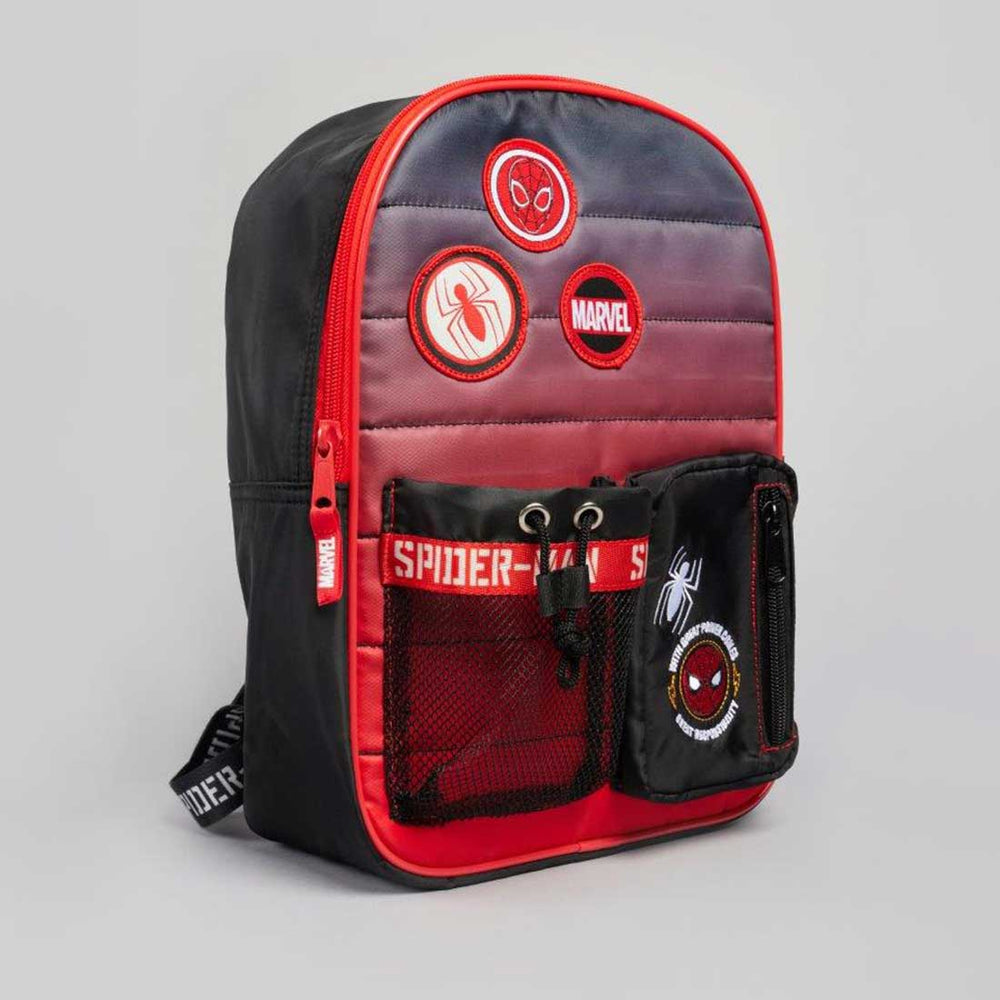 Marvel Spider-Man themed backpack with red and black color scheme, featuring Spider-Man and Marvel patches on the front pocket, set against a neutral gray background.