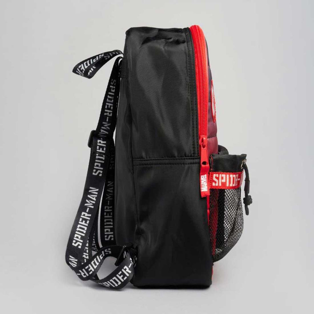 A black backpack featuring red accents, a red zipper, a black mesh side pocket with a red Spider-Man logo tab, and a black webbing shoulder strap printed with 'SPIDER-MAN' in white.