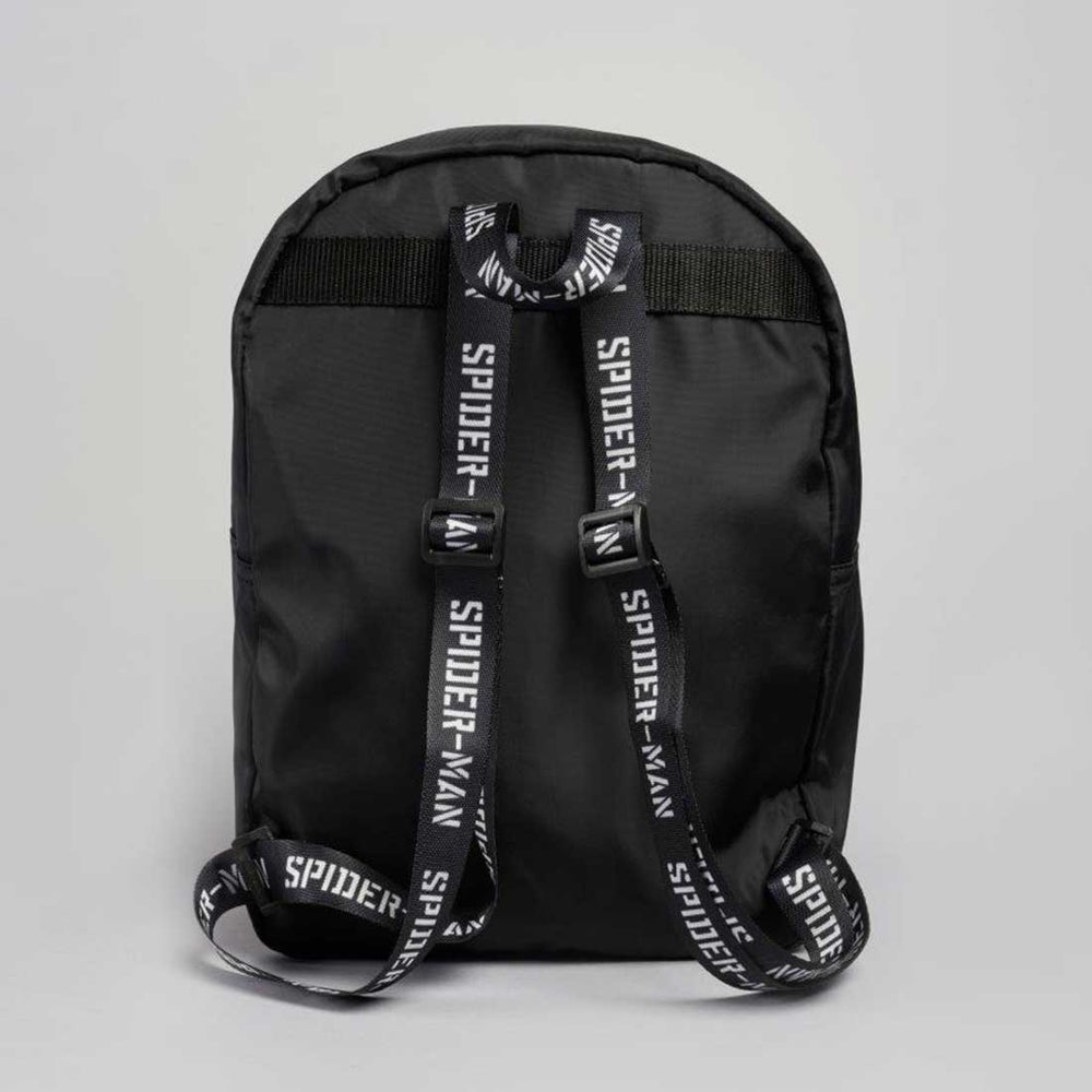 A black backpack with prominent black webbing shoulder straps printed with 'SPIDER-MAN' in white, shown against a neutral light gray background.