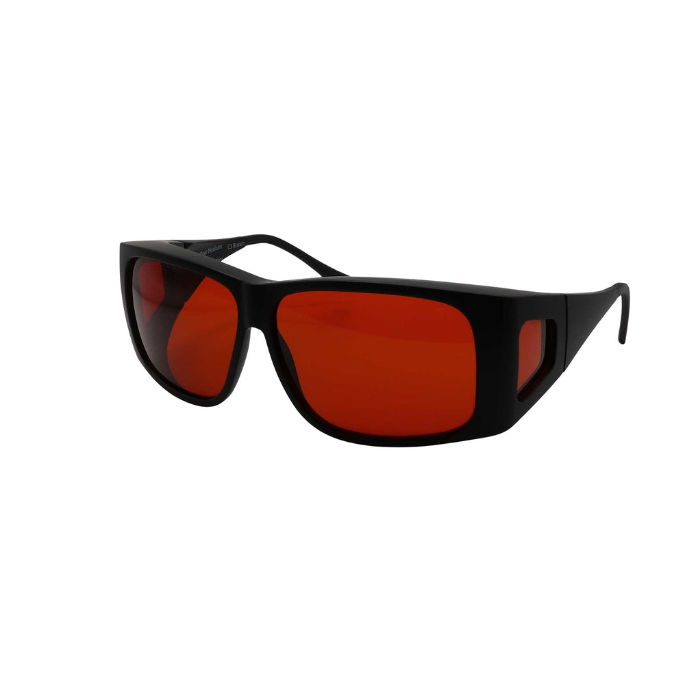 Side angled view of large FitOver eyeshield glasses with black frames and amber tinted lenses.