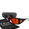 Eyeshiedls with amber lenses and a carrying case on a white background, featuring the RNIB logo.