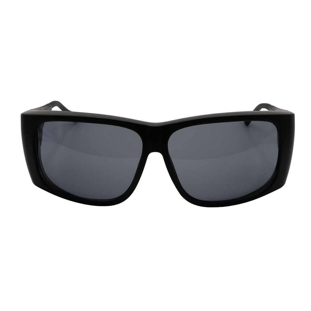 Large FitOver eyeshield glasses with black frames and grey tinted lenses.