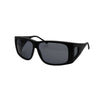 Side angled view of large FitOver eyeshield glasses with black frames and grey tinted lenses.