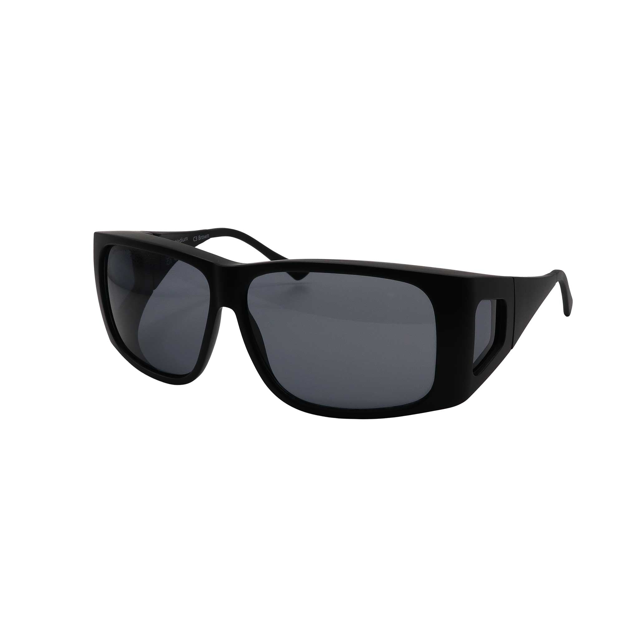 Side angled view of large FitOver eyeshield glasses with black frames and grey tinted lenses.