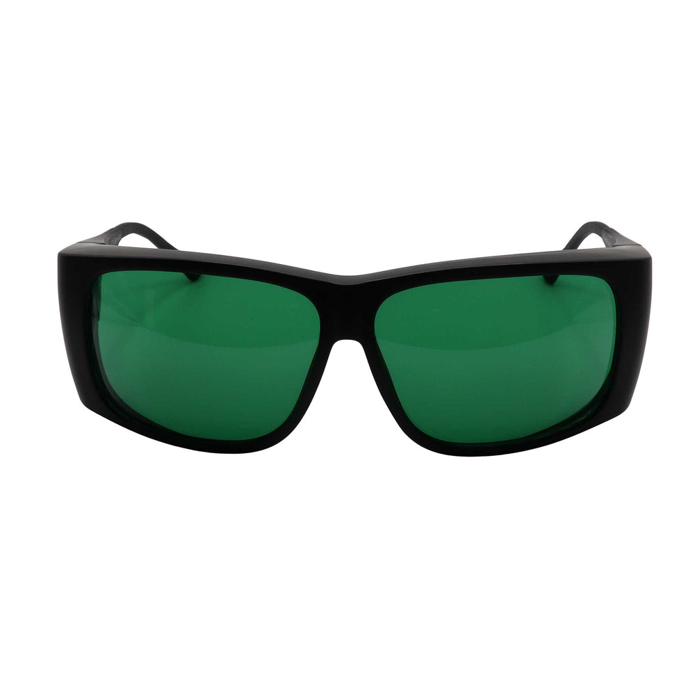 Large FitOver eyeshield glasses with black frames and green tinted lenses.
