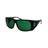 Side angled view of large FitOver eyeshield glasses with black frames and green tinted lenses.