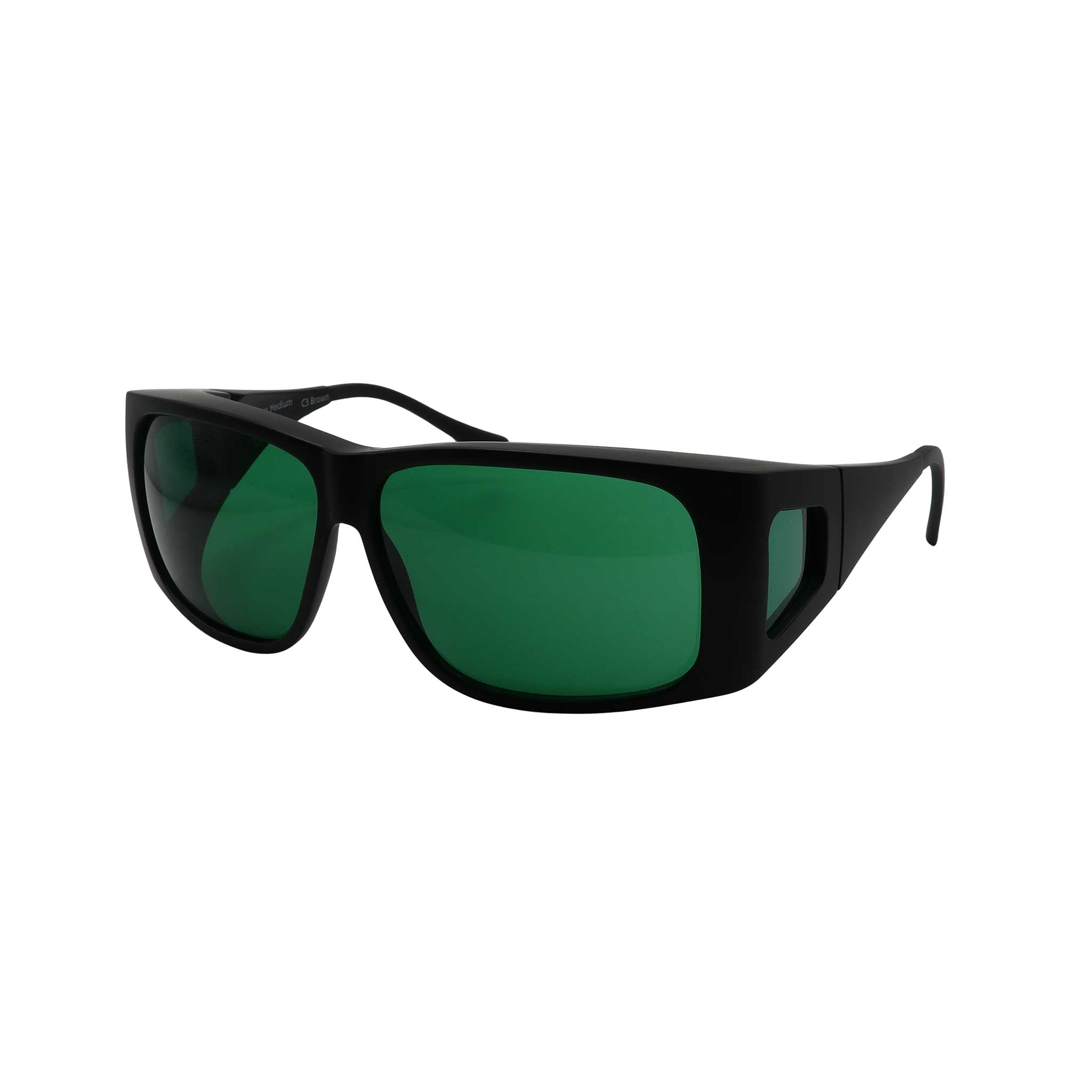 Side angled view of large FitOver eyeshield glasses with black frames and green tinted lenses.
