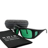 Eyeshiedls with green lenses and a carrying case on a white background, featuring the RNIB logo.