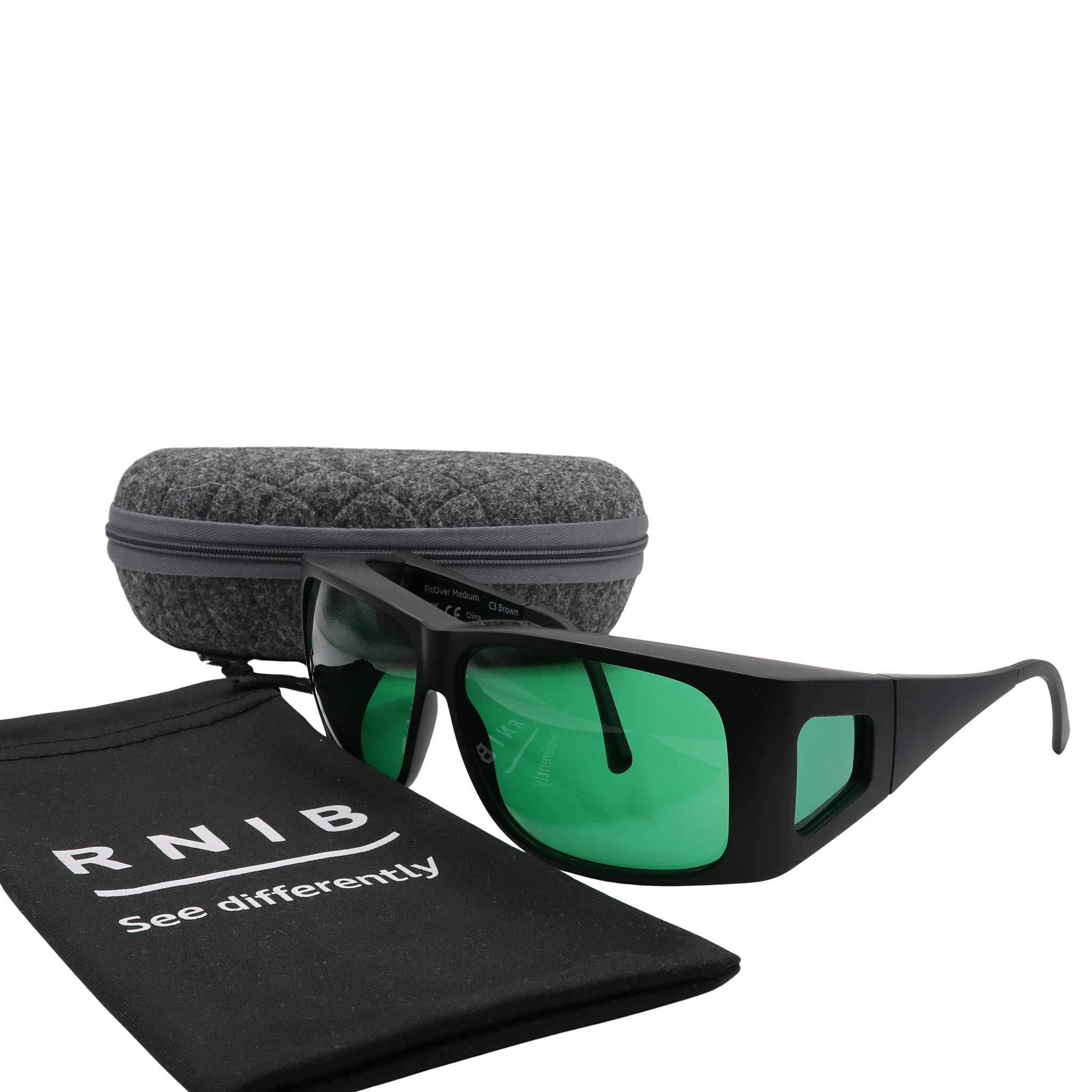 Eyeshiedls with green lenses and a carrying case on a white background, featuring the RNIB logo.