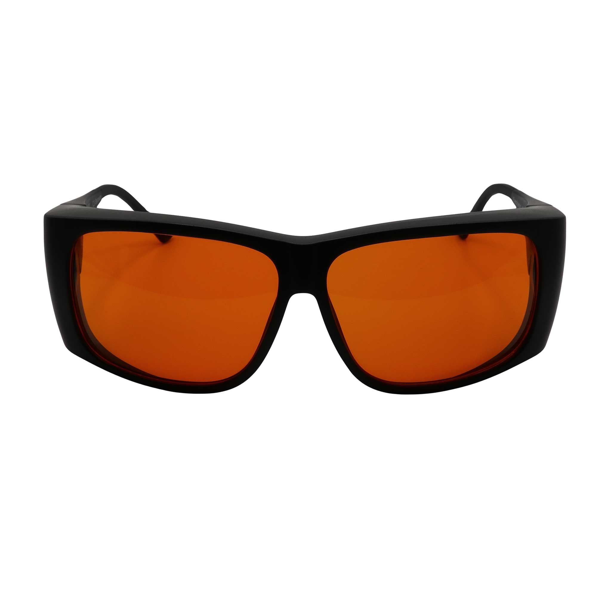 Large FitOver eyeshield glasses with black frames and orange tinted lenses.