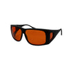 Side angled view of large FitOver eyeshield glasses with black frames and orange tinted lenses.