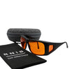 Eyeshiedls with orange lenses and a carrying case on a white background, featuring the RNIB logo.