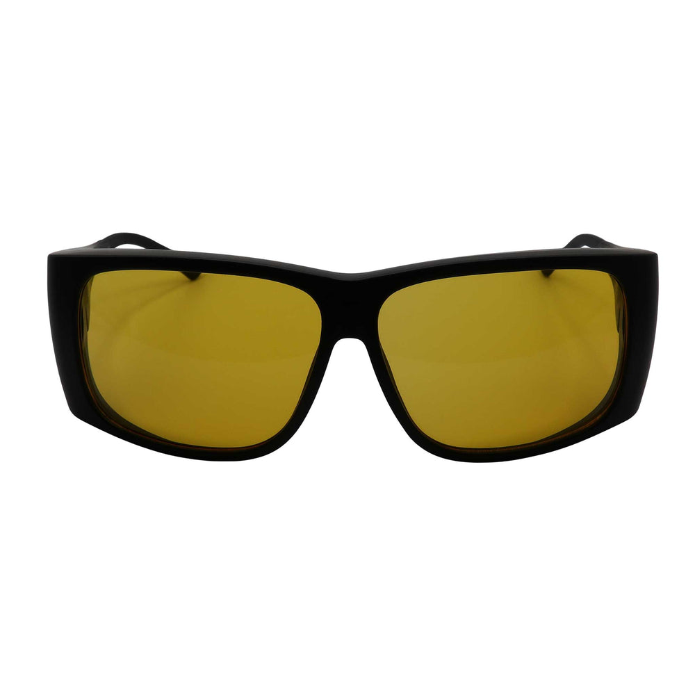Large FitOver eyeshield glasses with black frames and yellow tinted lenses.