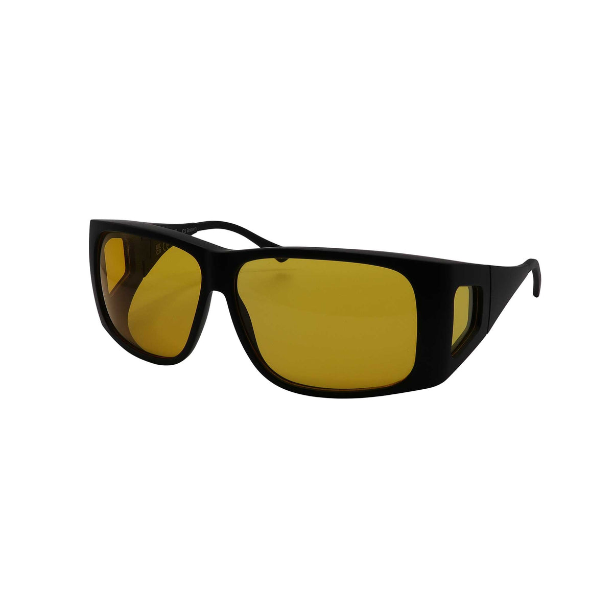 Side angled view of large FitOver eyeshield glasses with black frames and yellow tinted lenses.