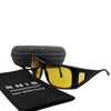 Eyeshiedls with yellow lenses and a carrying case on a white background, featuring the RNIB logo.