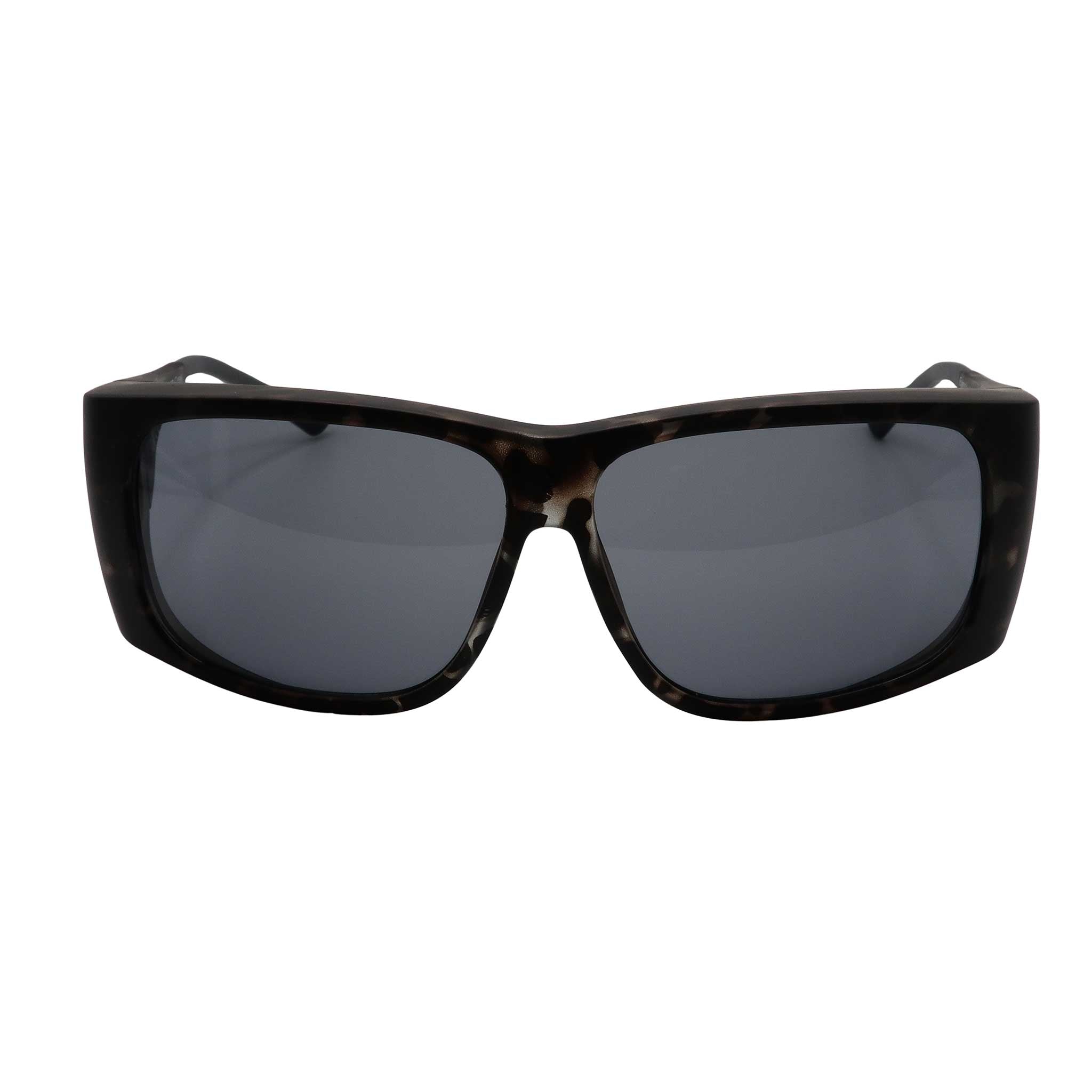 Large FitOver eyeshield glasses with grey tortoise shell frames and grey tinted lenses.