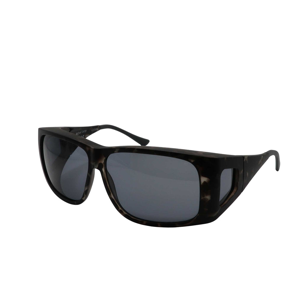 Side angled view of large FitOver eyeshield glasses with grey tortoise shell frames and grey tinted lenses.