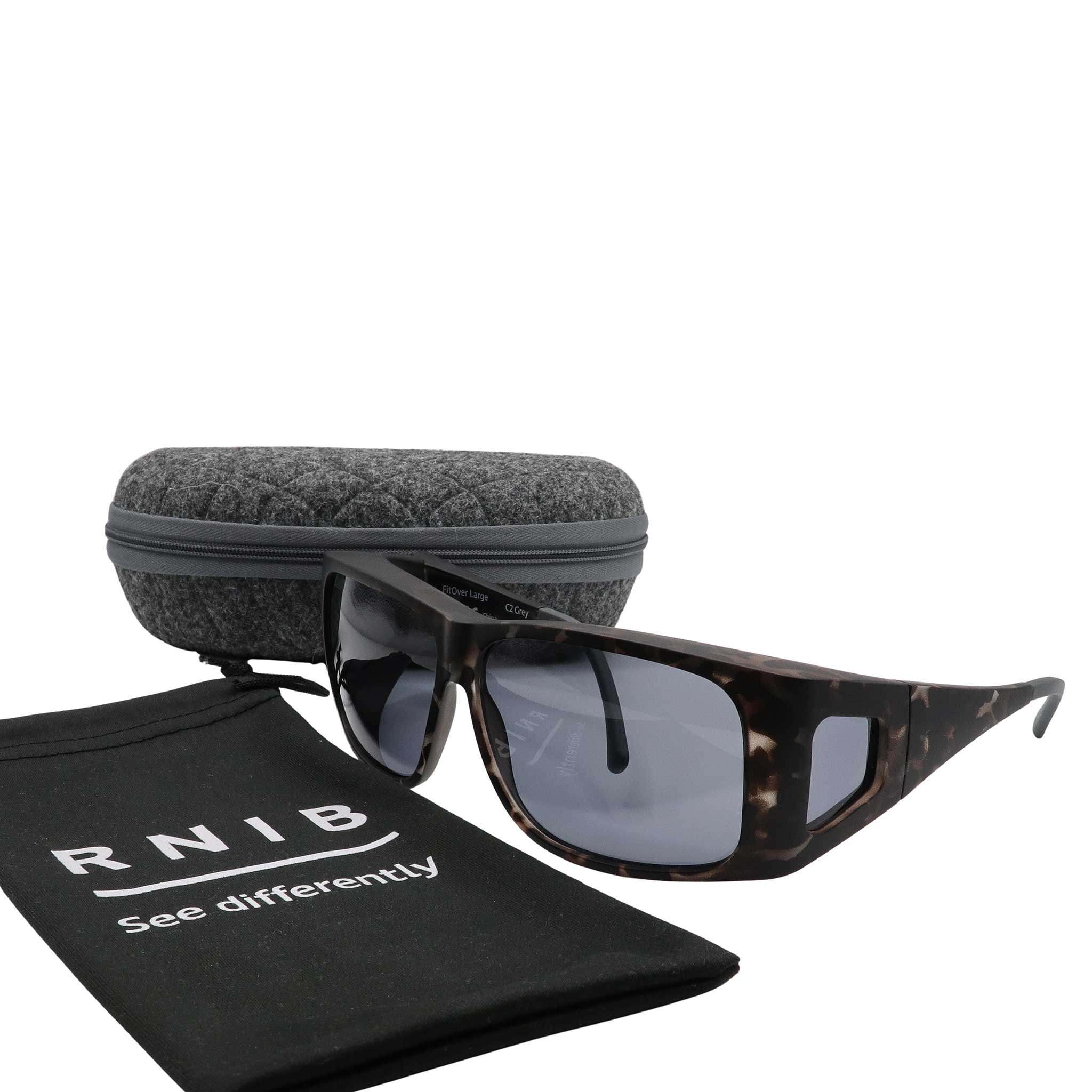 Eyeshiedls with grey lenses and a carrying case on a white background, featuring the RNIB logo.