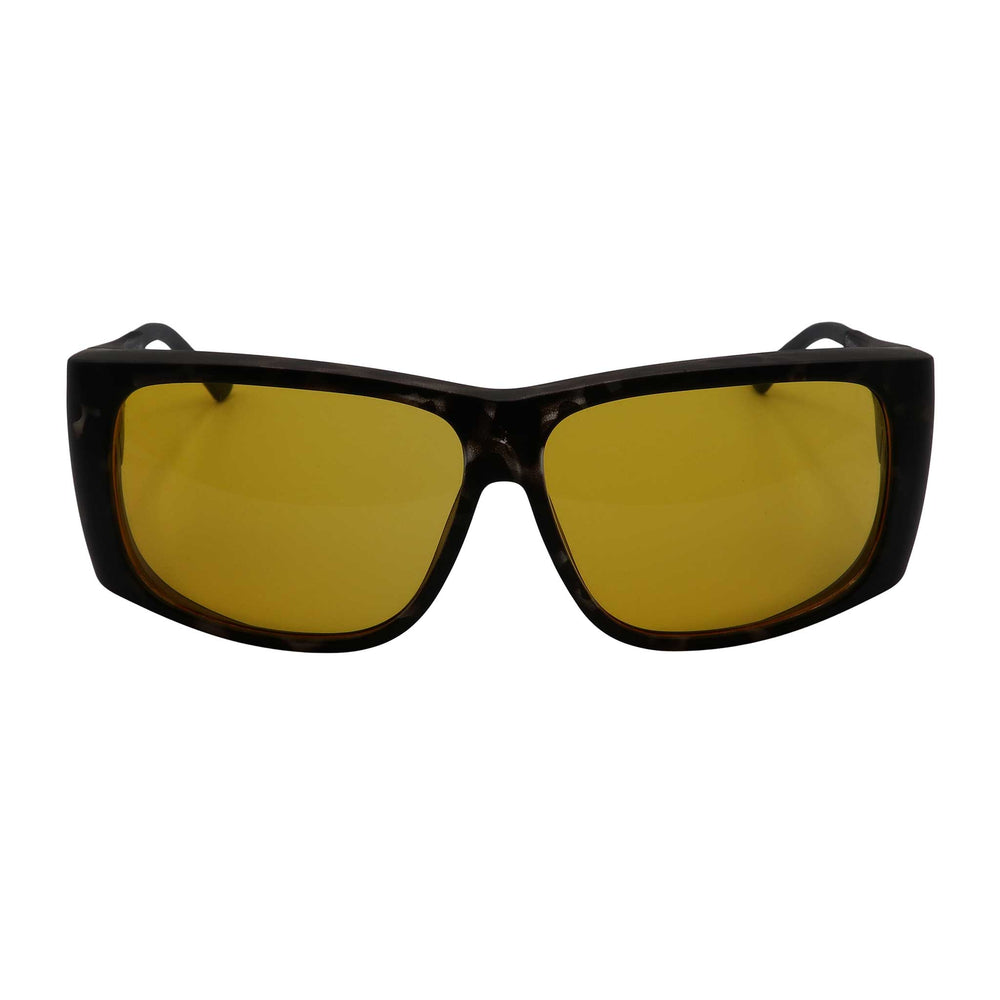 Large FitOver eyeshield glasses with grey tortoise shell frames and yellow tinted lenses.
