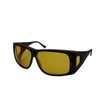 Side angled view of large FitOver eyeshield glasses with grey tortoise shell frames and yellow tinted lenses.