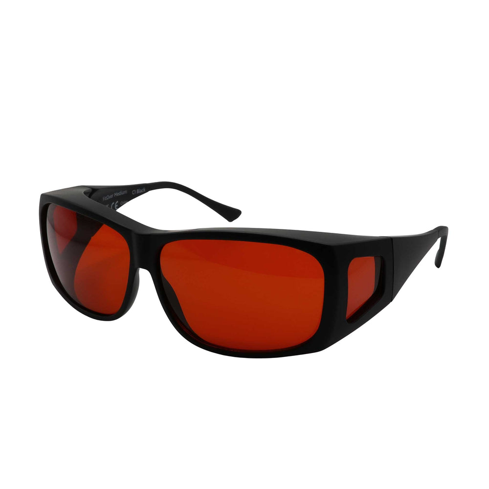 Side angled view of medium FitOver eyeshield glasses with black Frame and amber tinted lenses