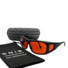 Eyeshiedls with amber lenses and a carrying case on a white background, featuring the RNIB logo.