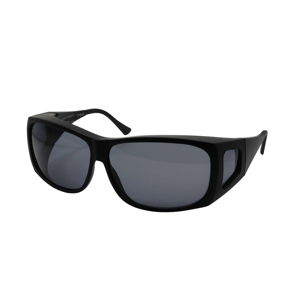 Side angled view of medium FitOver eyeshield glasses with black Frame and grey tinted lenses