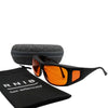 Eyeshiedls with orange lenses and a carrying case on a white background, featuring the RNIB logo.