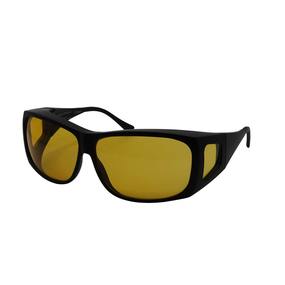 Side angled view of medium FitOver eyeshield glasses with black Frame and yellow tinted lenses