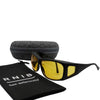 Eyeshiedls with yellow lenses and a carrying case on a white background, featuring the RNIB logo.