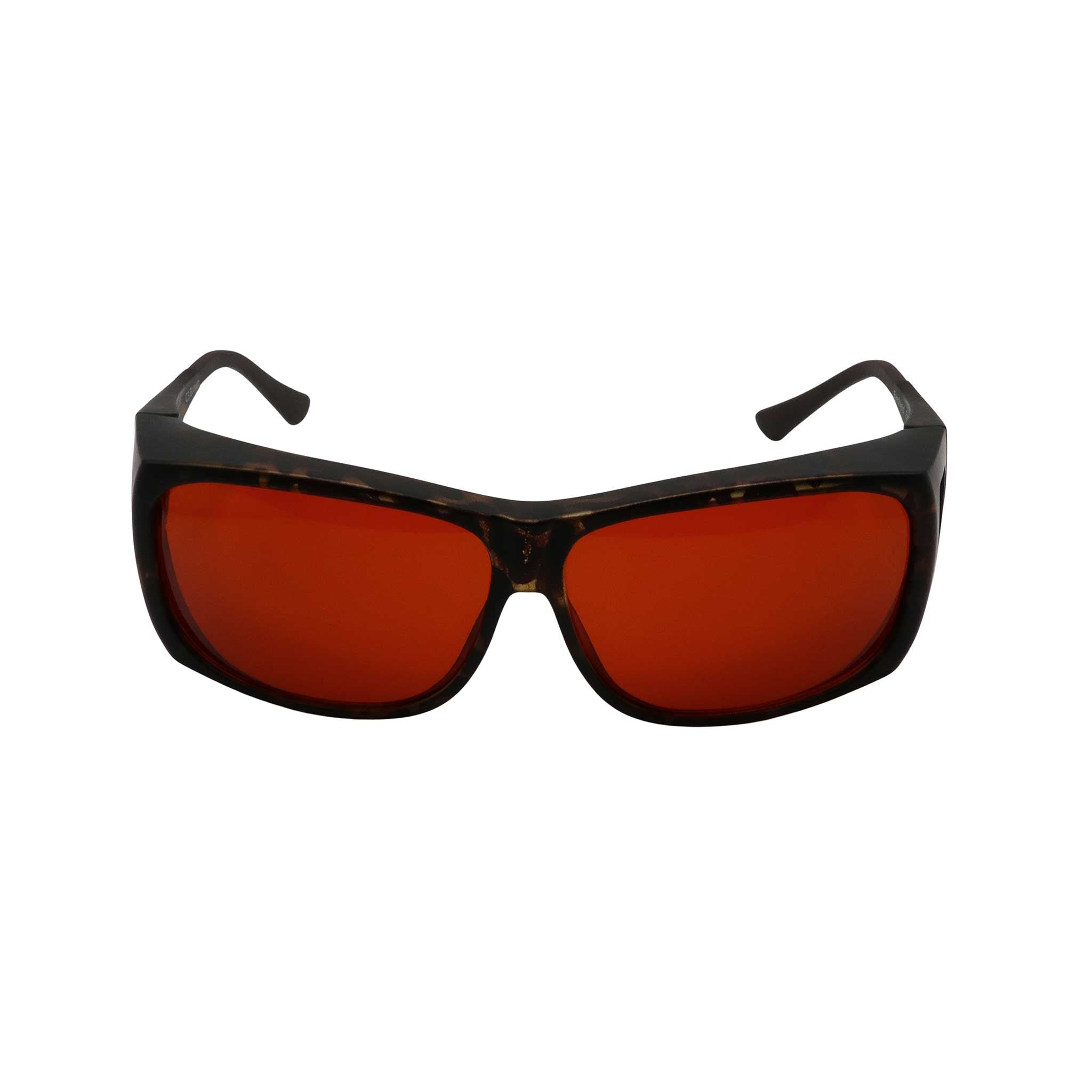RNIB medium FitOver eyeshield glasses with brown tortoiseshell frames and amber tinted lenses.