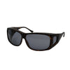 Side angled view of RNIB medium FitOver eyeshield glasses with brown tortoiseshell frames and grey tinted lenses.
