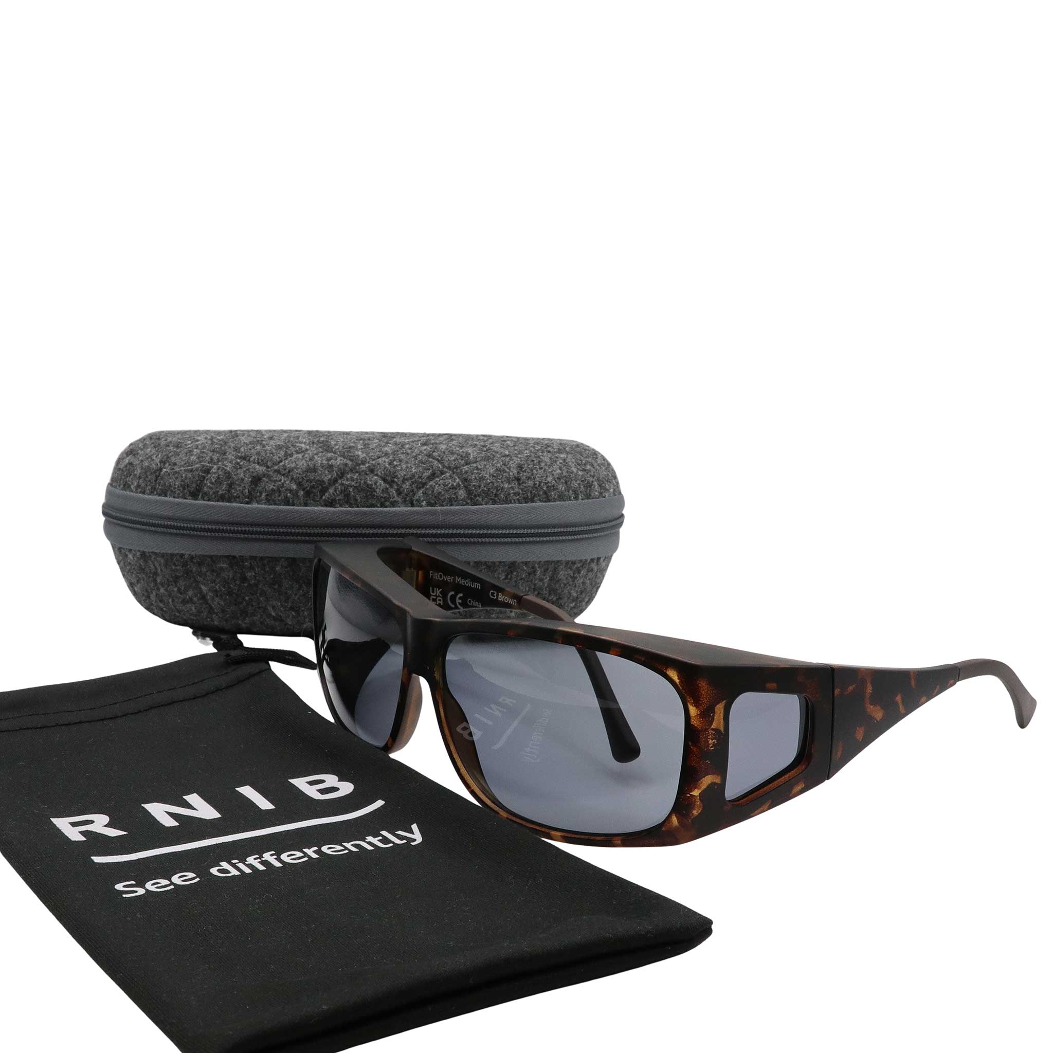 Eyeshiedls with grey lenses and a carrying case on a white background, featuring the RNIB logo.