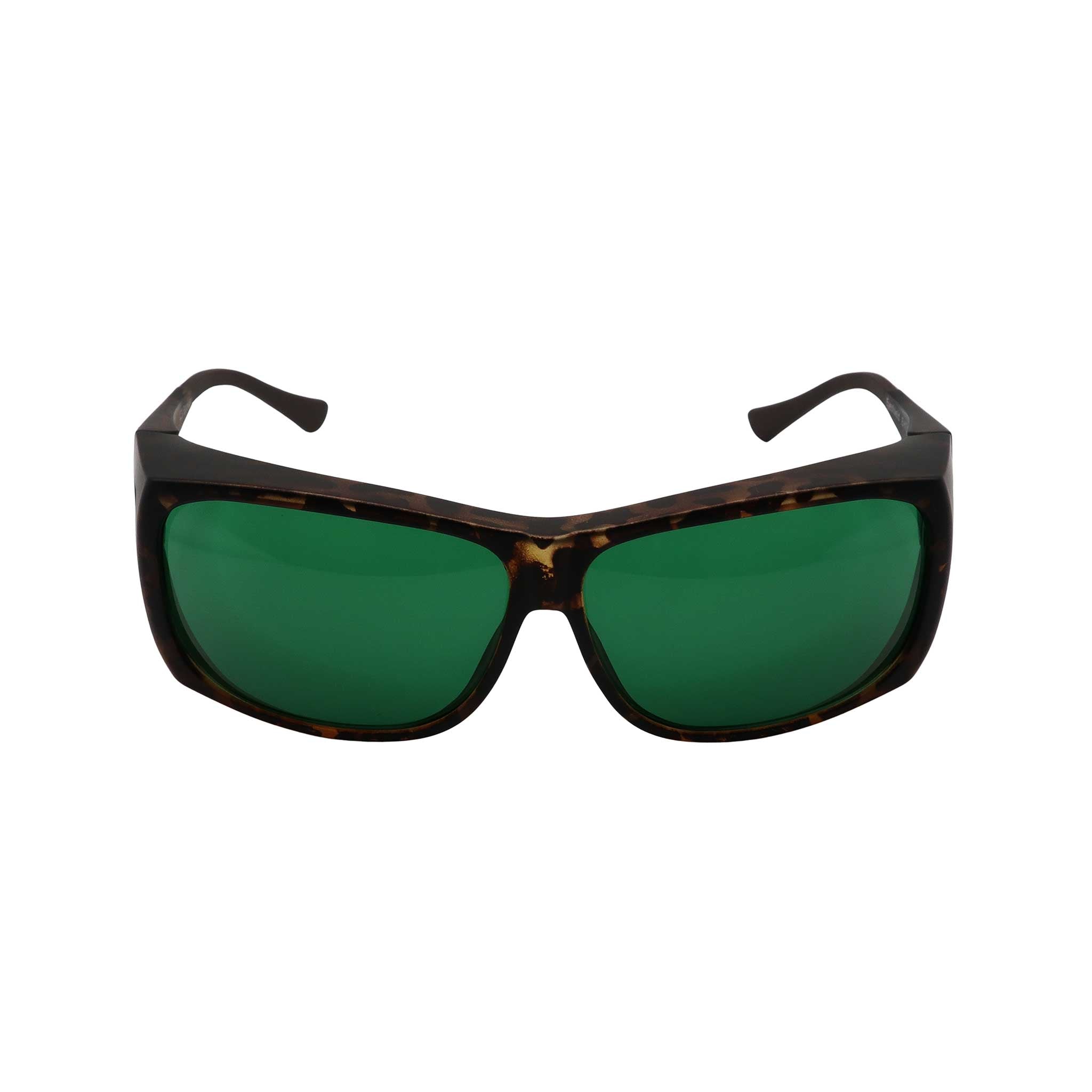 RNIB medium FitOver eyeshield glasses with brown tortoiseshell frames and green tinted lenses.