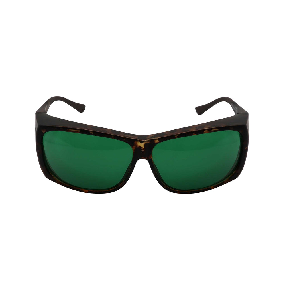 RNIB medium FitOver eyeshield glasses with brown tortoiseshell frames and green tinted lenses.