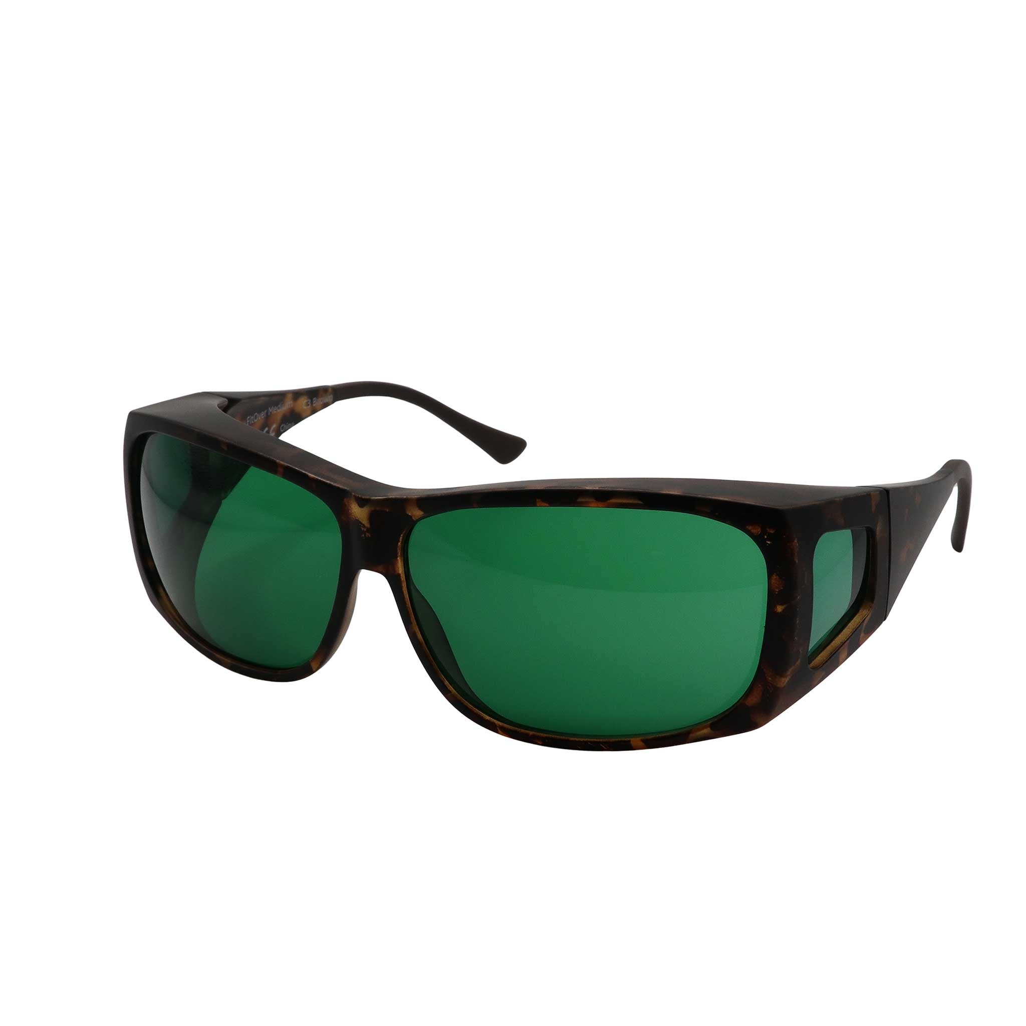 Side angled view of RNIB medium FitOver eyeshield glasses with brown tortoiseshell frames and green tinted lenses.