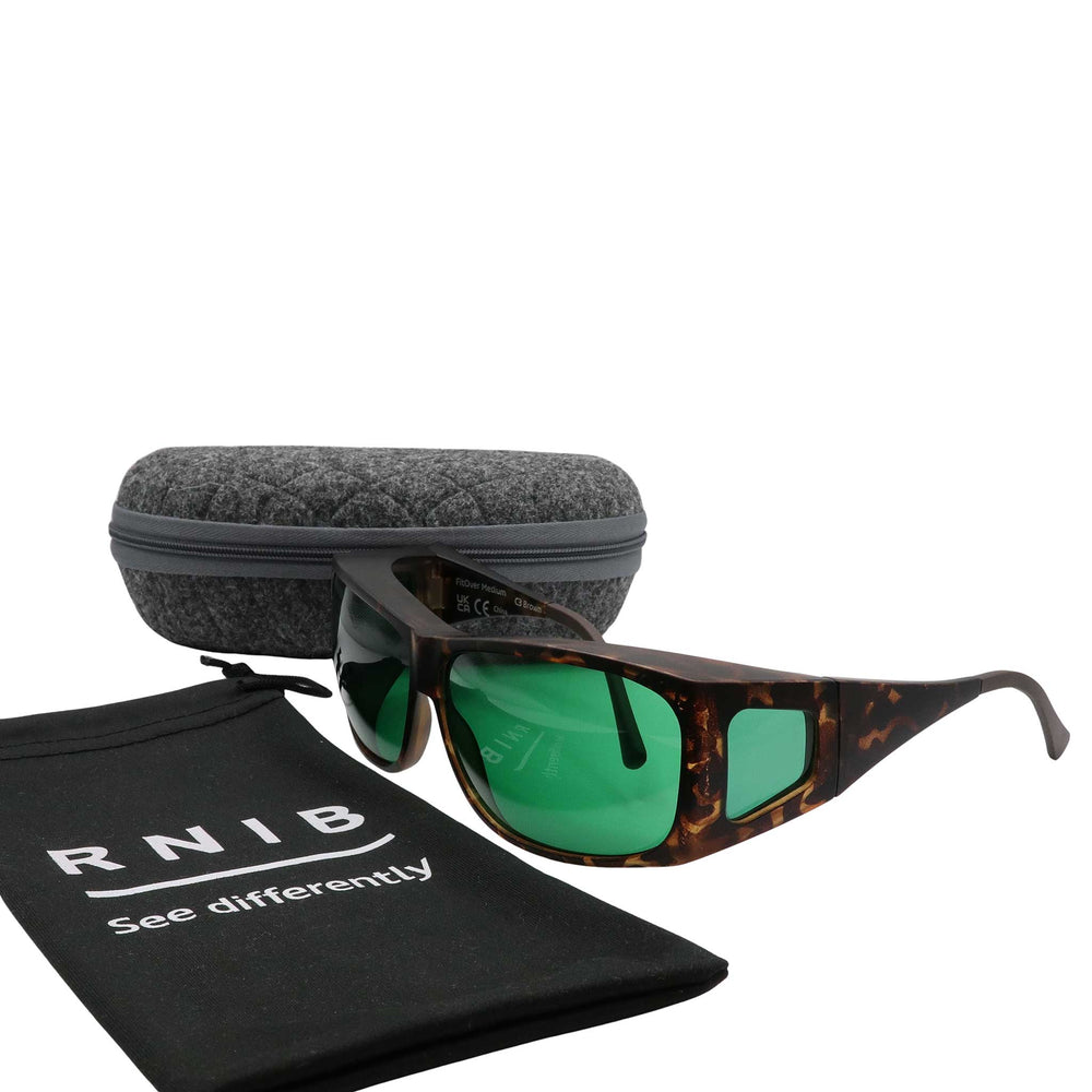 Eyeshiedls with green lenses and a carrying case on a white background, featuring the RNIB logo.