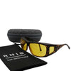Eyeshiedls with yellow lenses and a carrying case on a white background, featuring the RNIB logo.
