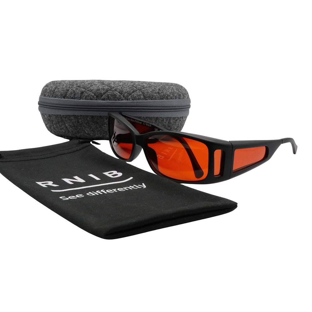 Eyeshiedls with amber lenses and a carrying case on a white background, featuring the RNIB logo.