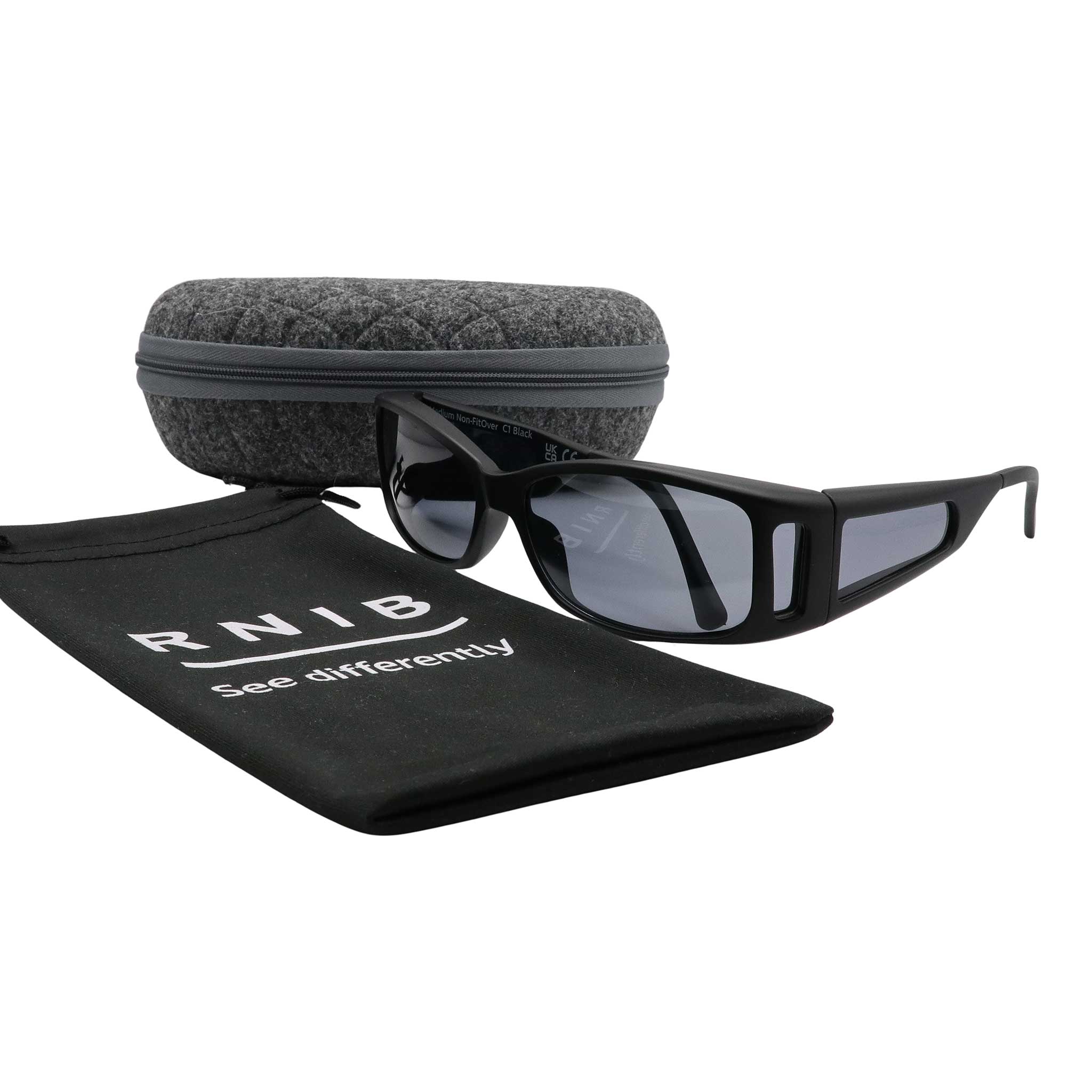 Eyeshiedls with grey lenses and a carrying case on a white background, featuring the RNIB logo.
