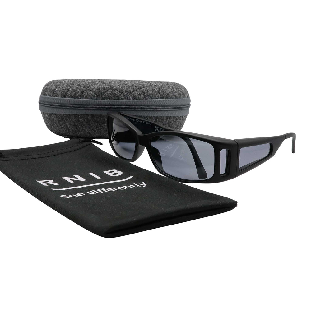 Eyeshiedls with grey lenses and a carrying case on a white background, featuring the RNIB logo.