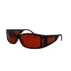 Side angled view of RNIB medium Eyeshield glasses with grey tortoiseshell frames and amber tinted lenses.