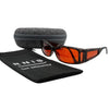 Eyeshiedls with amber lenses and a carrying case on a white background, featuring the RNIB logo.